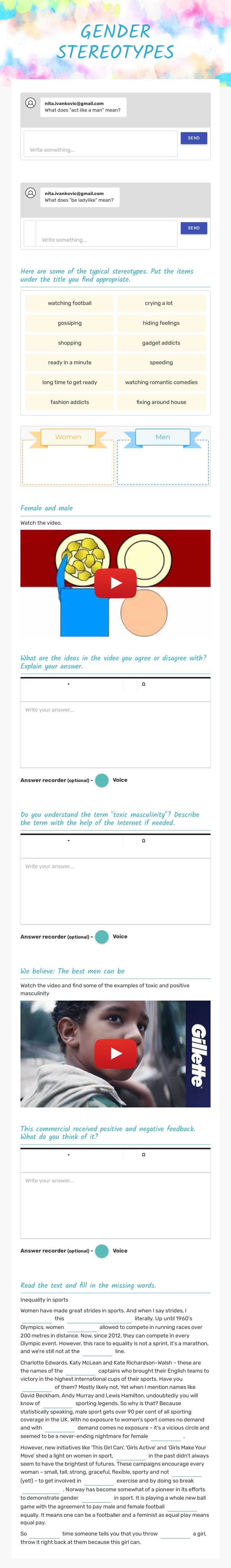 GENDER STEREOTYPES Grade 12 worksheet preview