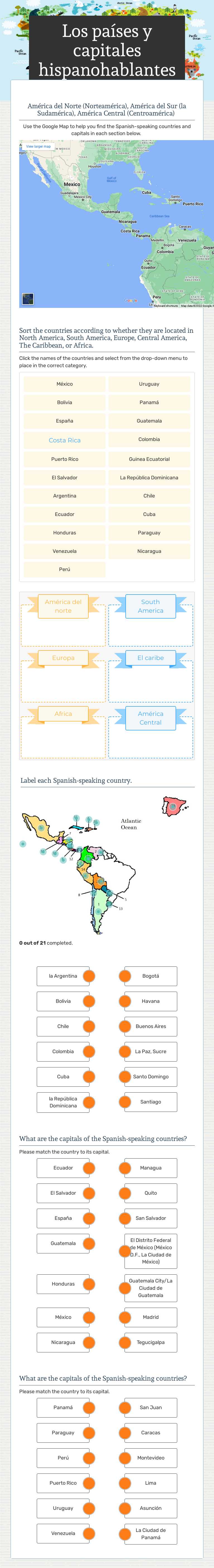 Los países y capitales hispanohablantes worksheet preview image