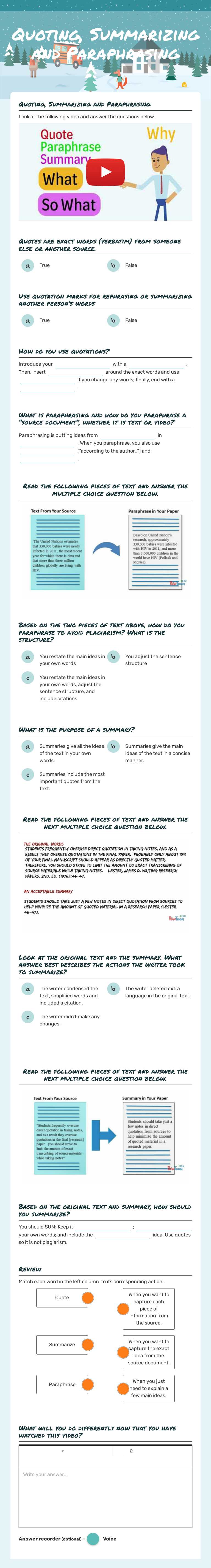 Quoting, Summarizing and Paraphrasing Grade 7 worksheet preview