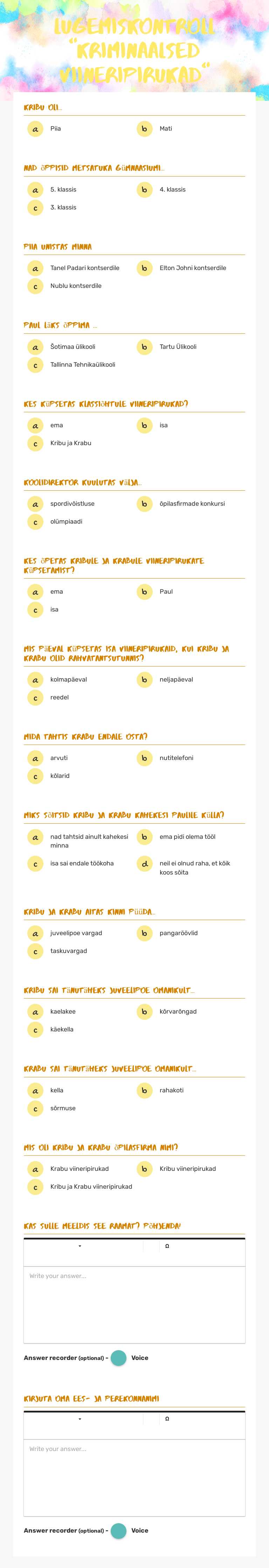 Lugemiskontroll "Kriminaalsed viineripirukad" worksheet preview image