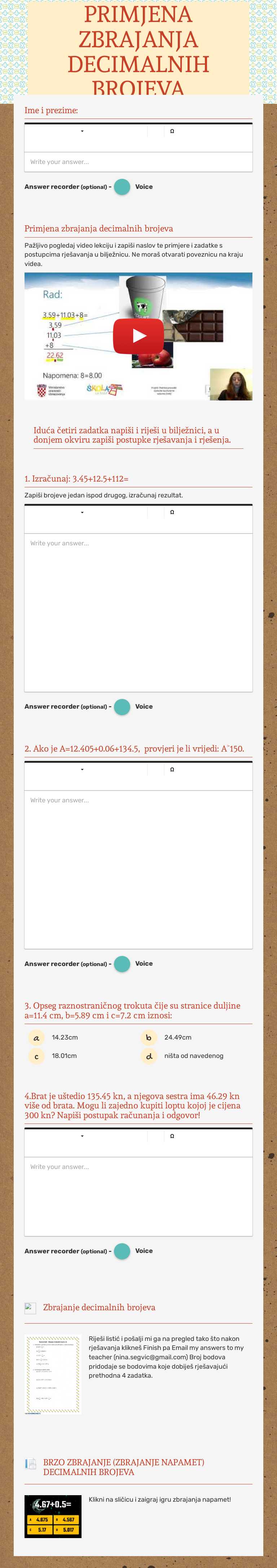 PRIMJENA ZBRAJANJA DECIMALNIH BROJEVA worksheet preview image