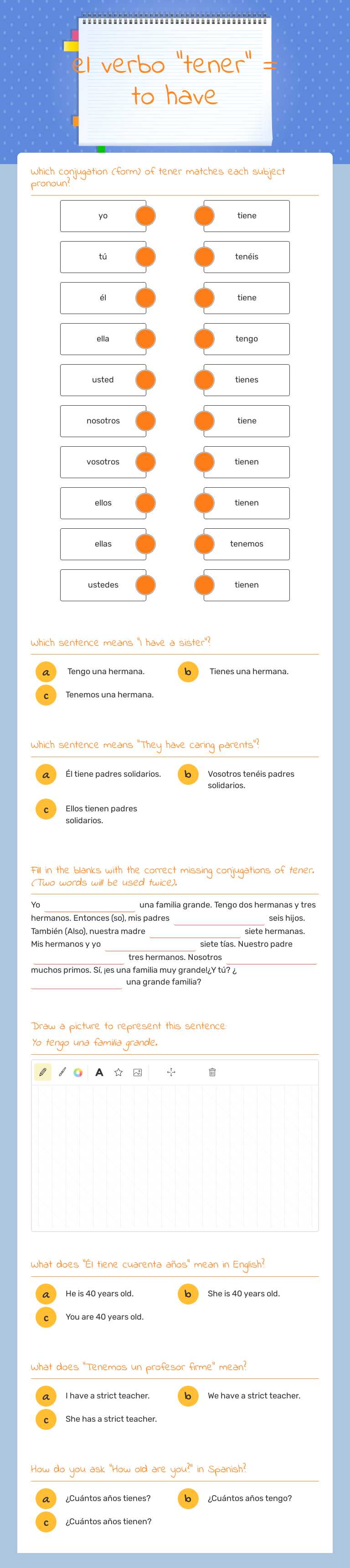 el verbo "tener" = to have worksheet preview image