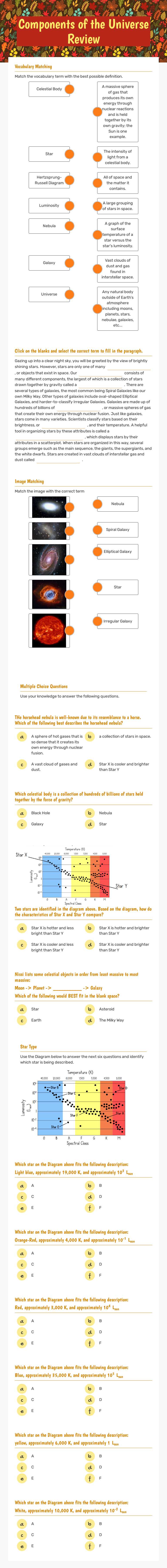 Components of the Universe Review worksheet preview image