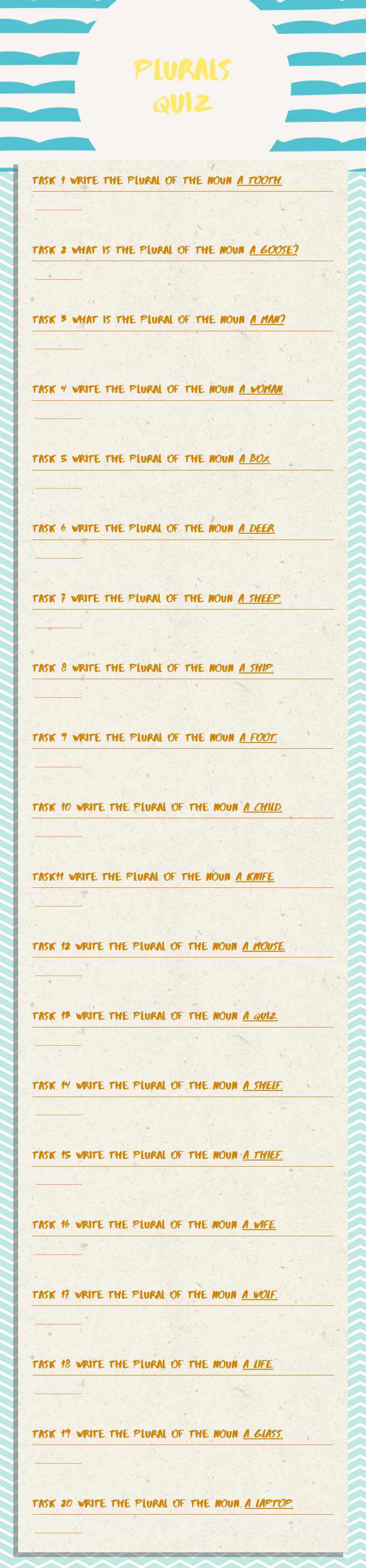 plurals quiz Grade 7 worksheet preview