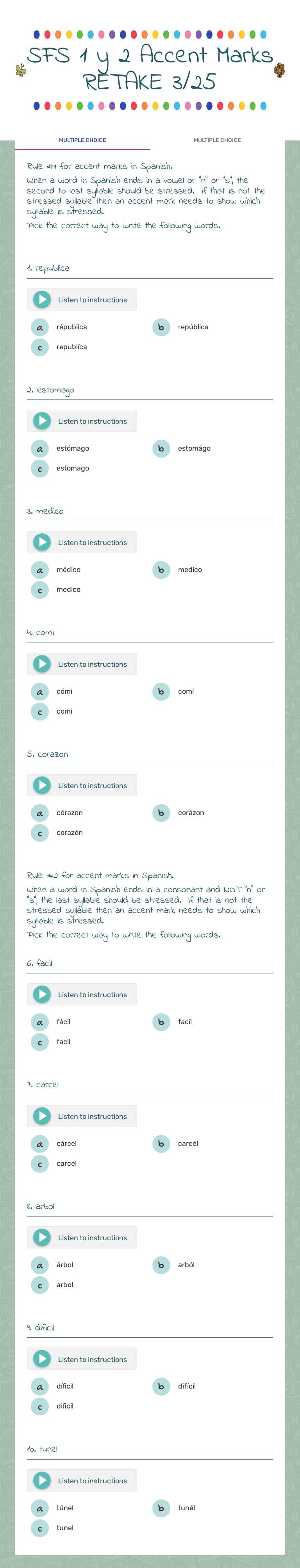 SFS 1 y 2 Accent Marks RETAKE 3/25 worksheet preview image