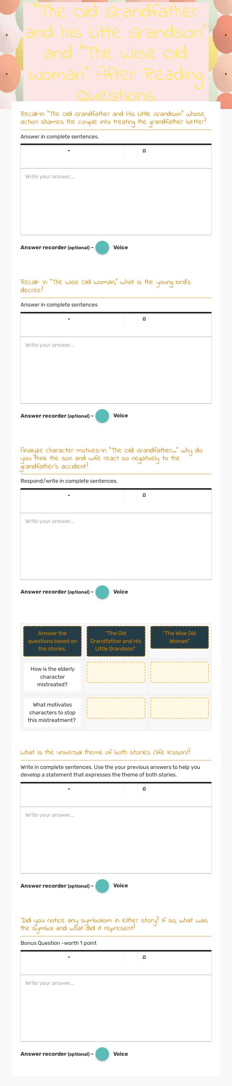 "The Old Grandfather and his Litte Grandson" and "The Wise Old Woman" After Reading Questions worksheet preview image