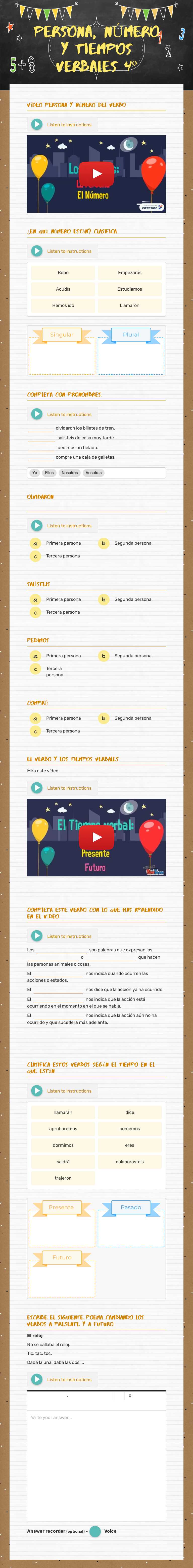 PERSONA, NÚMERO Y TIEMPOS VERBALES 4º Grade 3 worksheet preview
