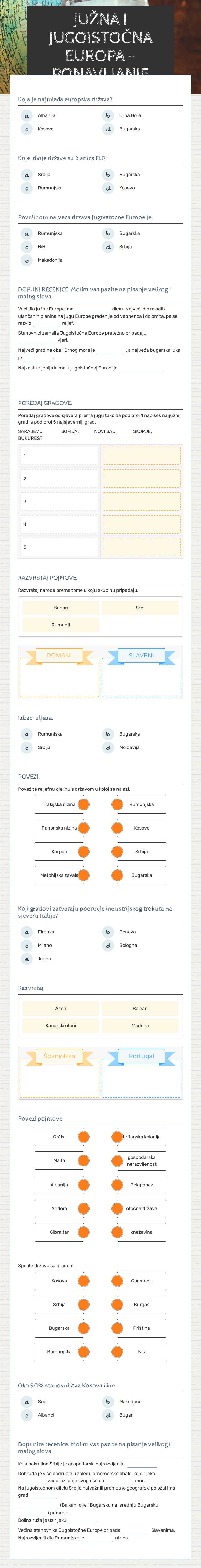 JUŽNA I JUGOISTOČNA EUROPA - PONAVLJANJE worksheet preview image