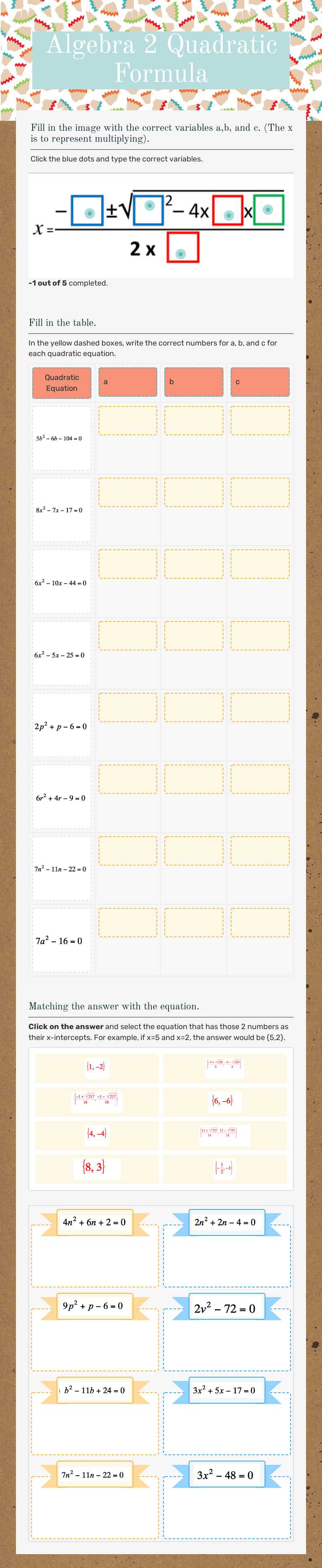 Algebra 2 Quadratic Formula Other worksheet preview