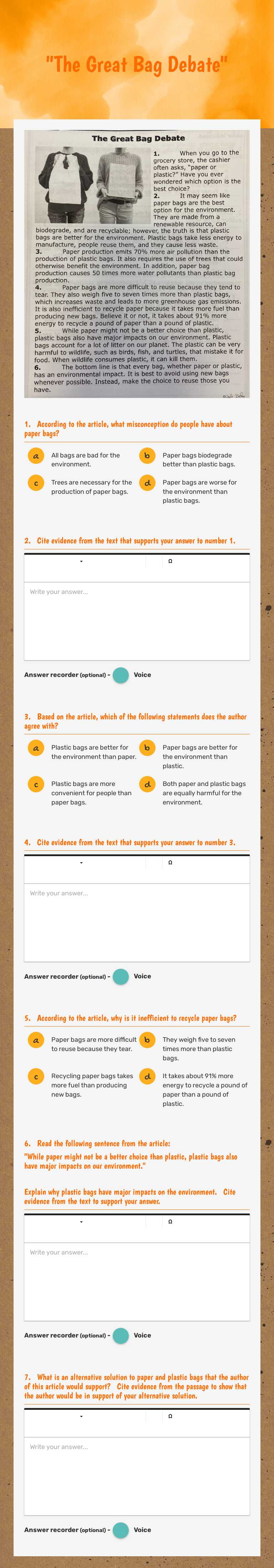 "The Great Bag Debate" Grade 6 worksheet preview