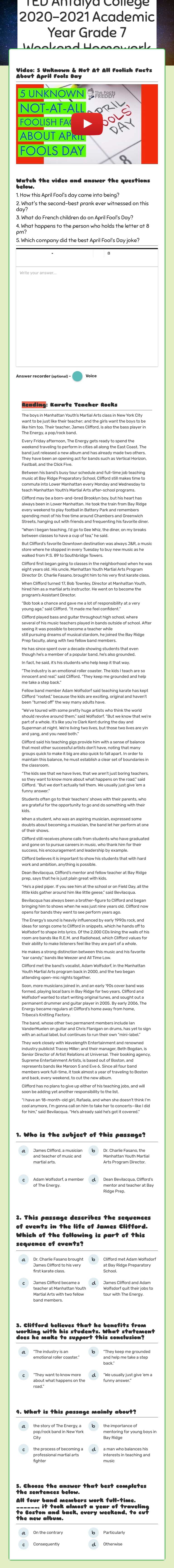 TED Antalya College 2020-2021 Academic Year Grade 7 Weekend Homework March 26, 2021 worksheet preview image