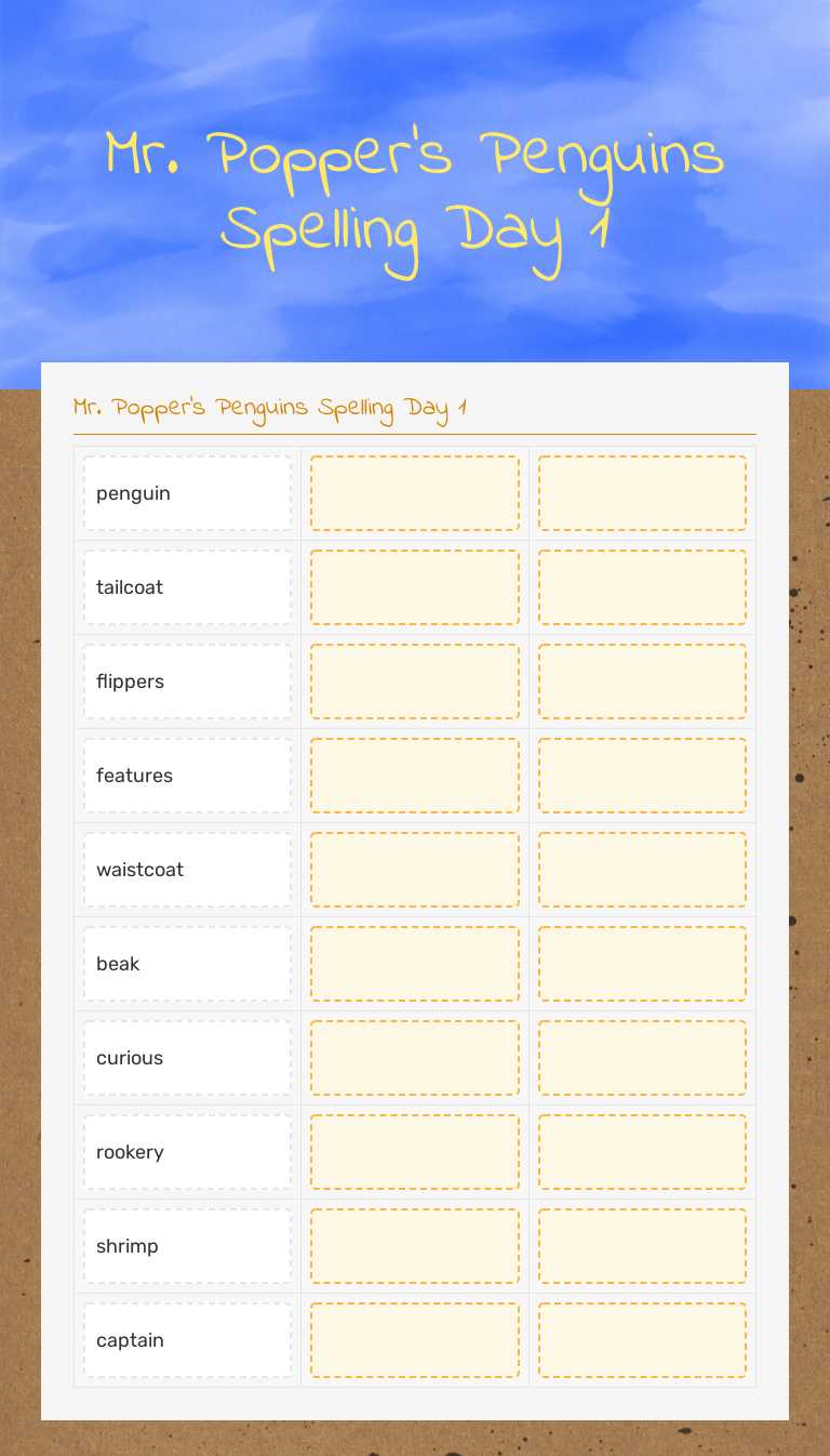 Mr. Popper's Penguins Spelling Day 1 worksheet preview image