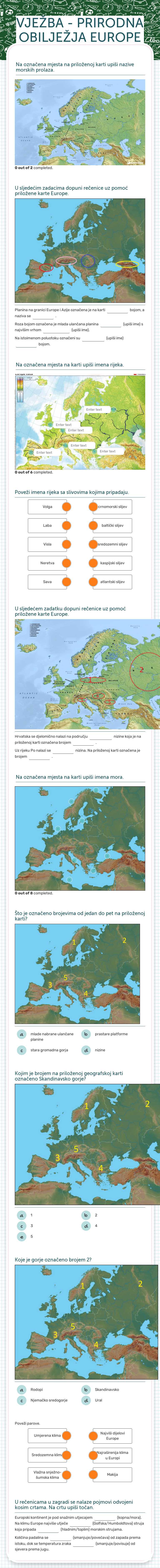 VJEŽBA - PRIRODNA OBILJEŽJA EUROPE Grade 7 worksheet preview