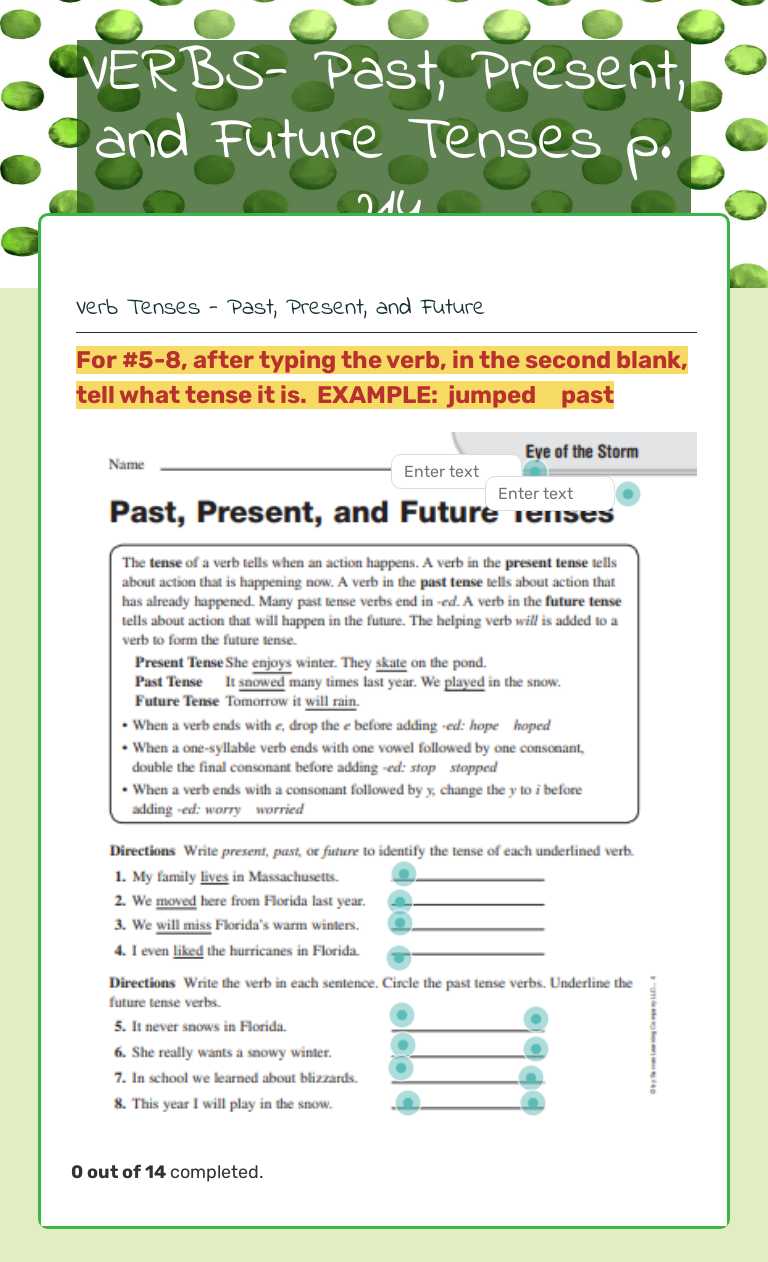 VERBS- Past, Present, and Future Tenses p. 214 Grade 4 worksheet preview