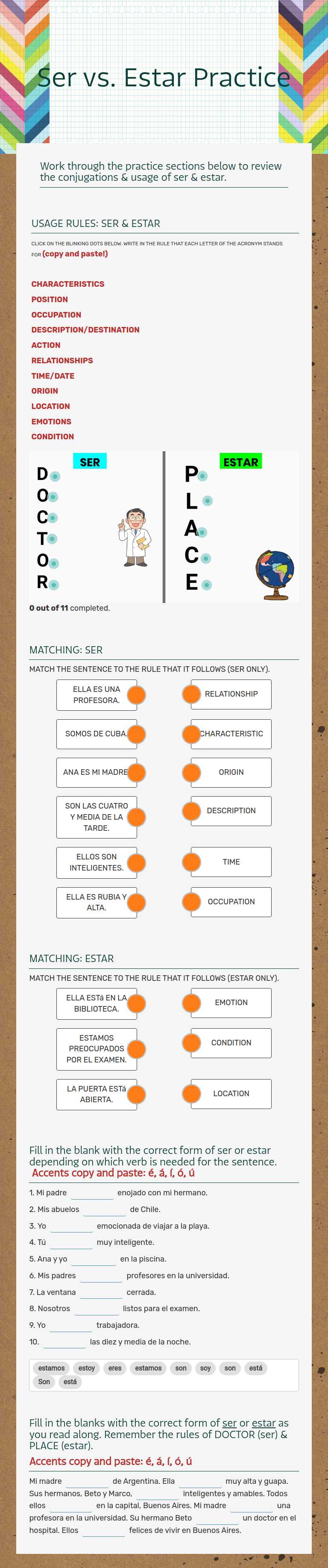 Ser vs. Estar Practice worksheet preview image