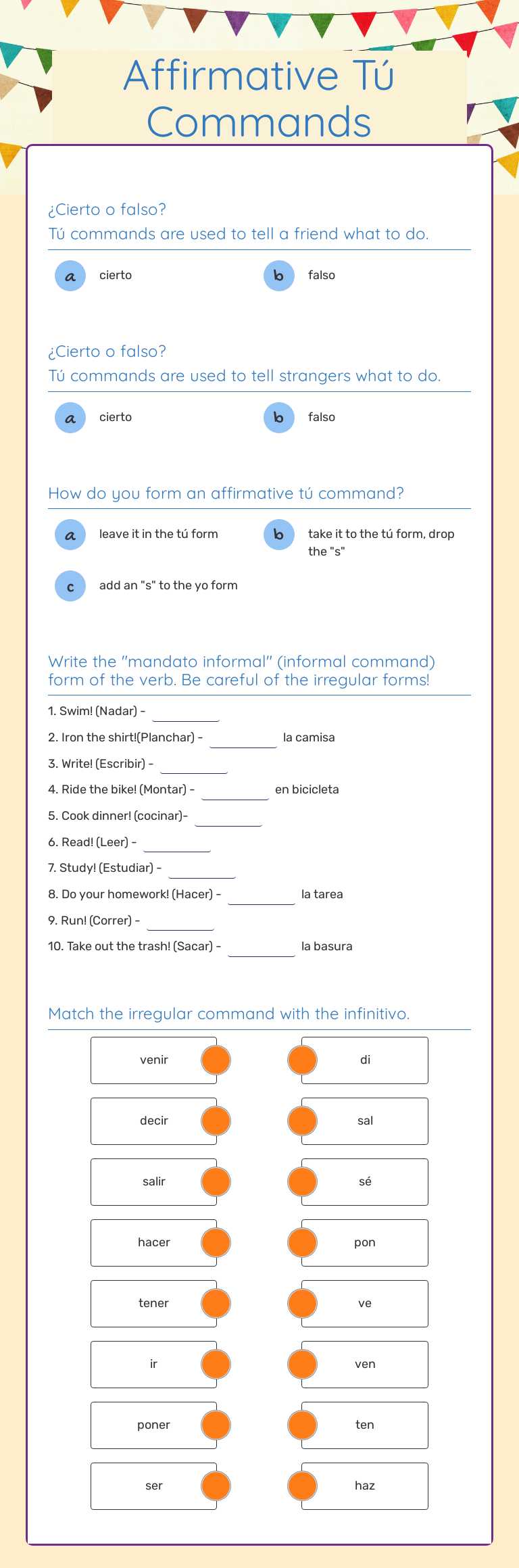 Affirmative Tú Commands worksheet preview image