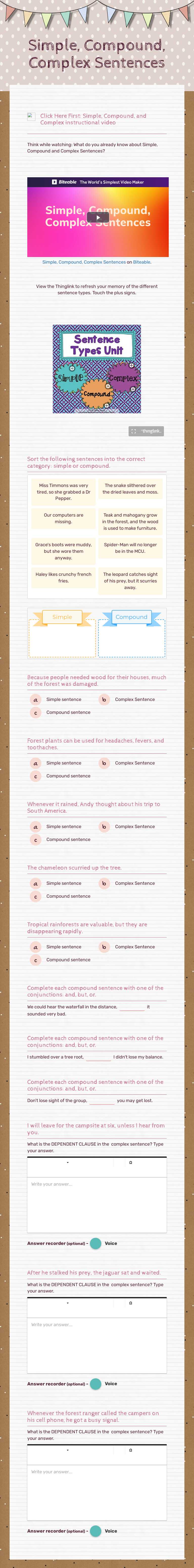 Simple, Compound, Complex Sentences Grade 5 worksheet preview