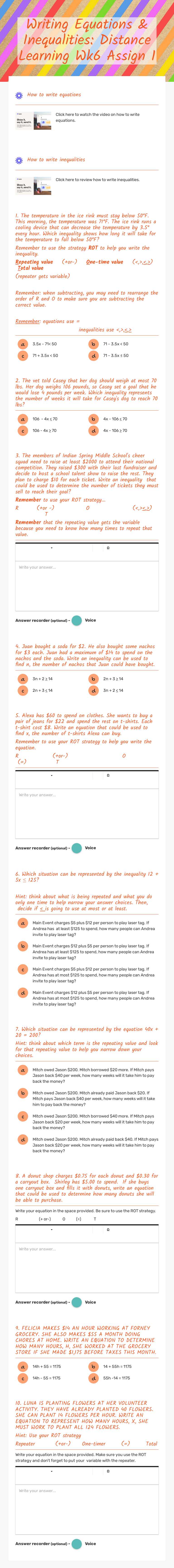 Writing Equations & Inequalities: Distance Learning Wk6 Assign 1 worksheet preview image