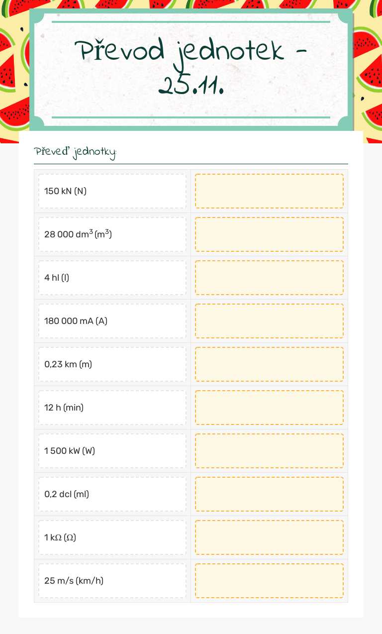 Převod jednotek - 25.11. worksheet preview image