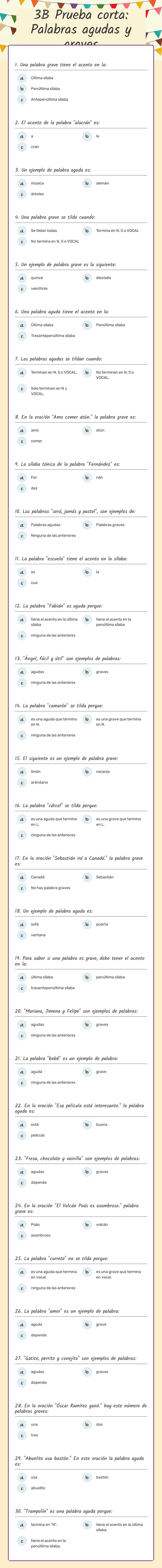 3B Prueba corta:      Palabras agudas y graves worksheet preview image