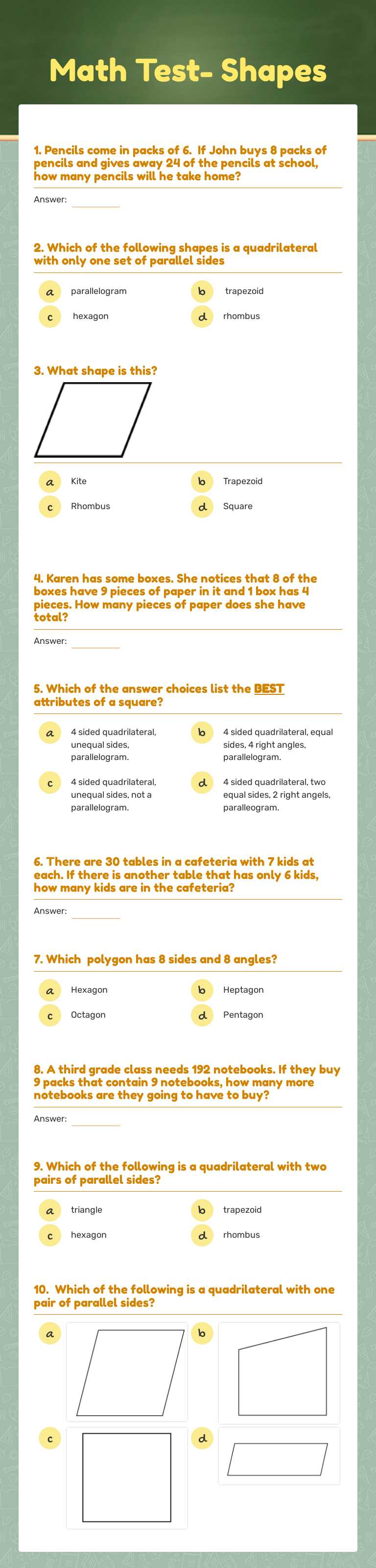 Math Test- Shapes Grade 3 worksheet preview