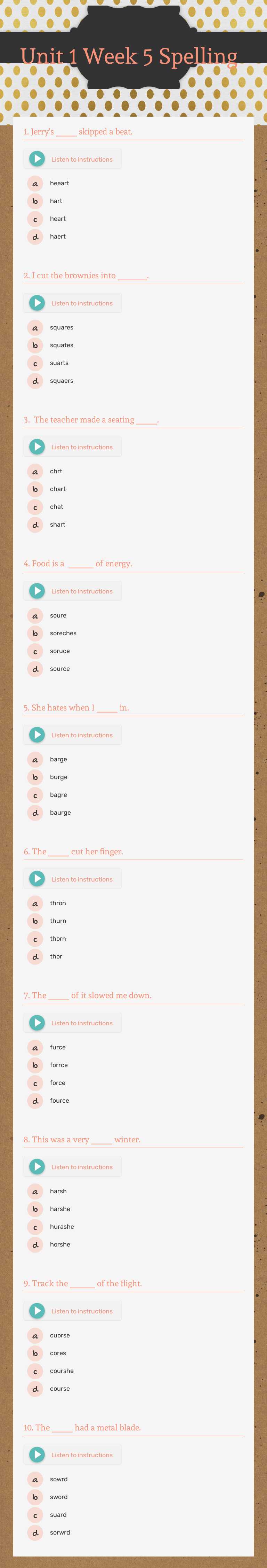 Unit 1 Week 5 Spelling Grade 5 worksheet preview