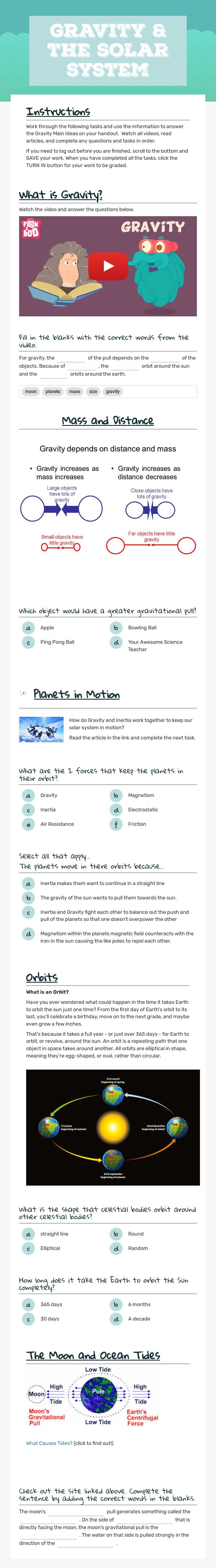 Gravity & the solar system worksheet preview image