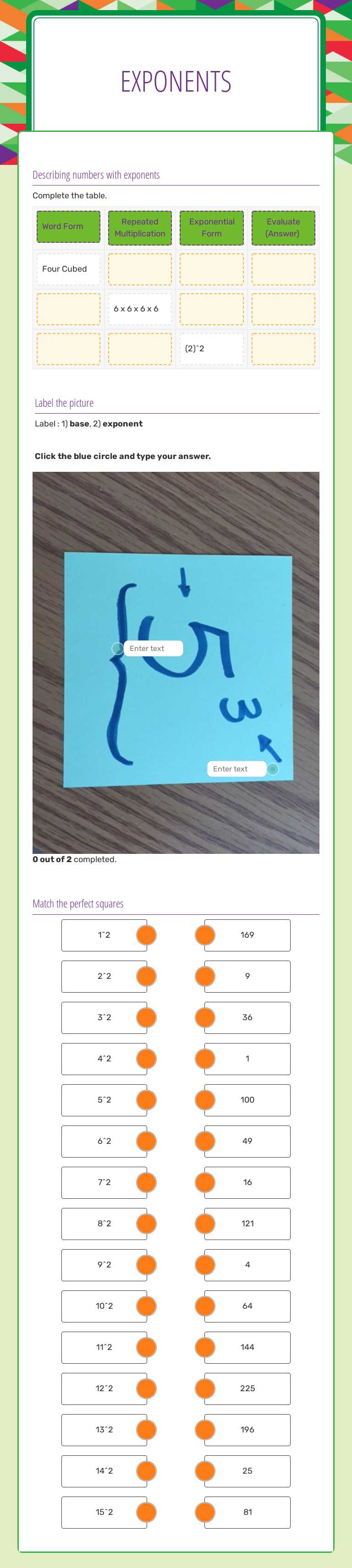 Exponents worksheet preview image