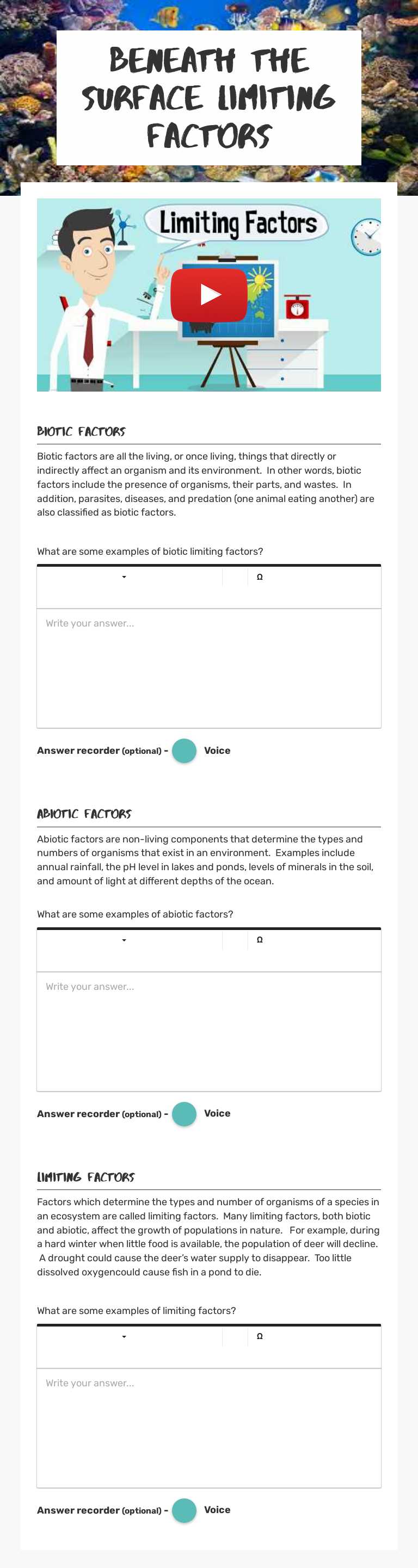 Beneath the Surface Limiting Factors worksheet preview image