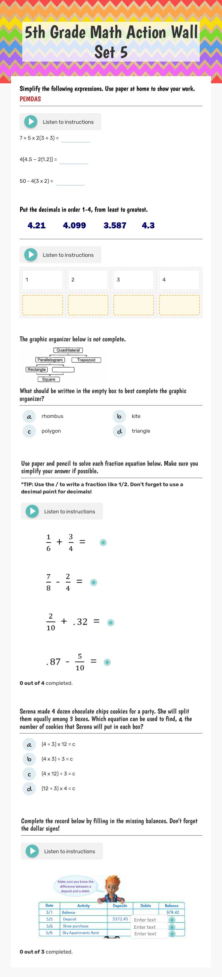 5th Grade Math Action Wall Set 5 worksheet preview image
