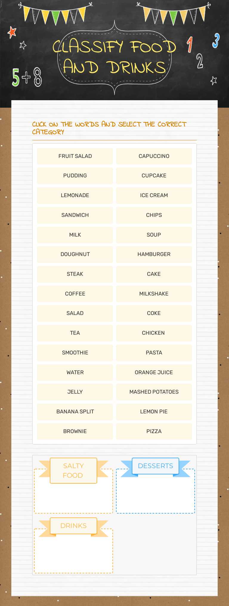 CLASSIFY FOOD AND DRINKS worksheet preview image