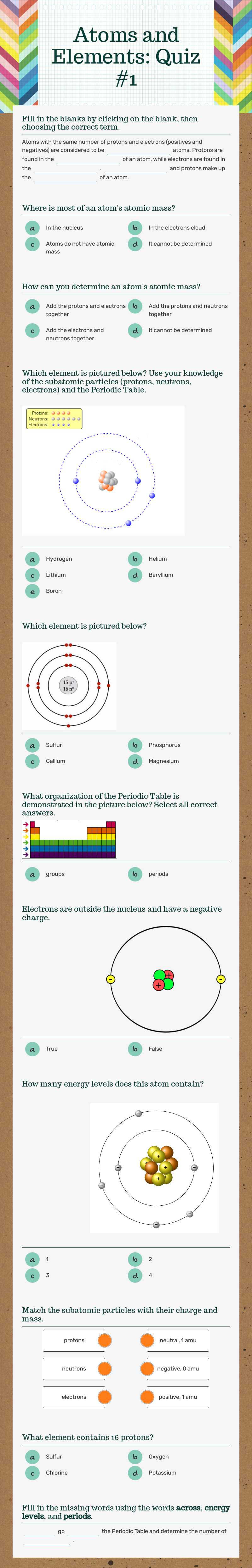 Atoms and Elements: Quiz #1 worksheet preview image