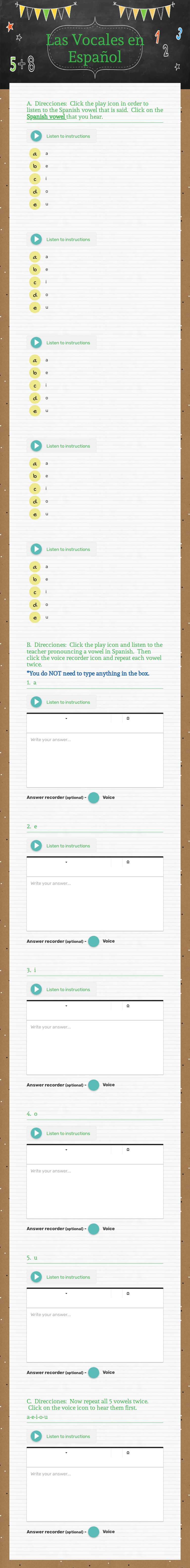 Las Vocales en Español Grade 5 worksheet preview