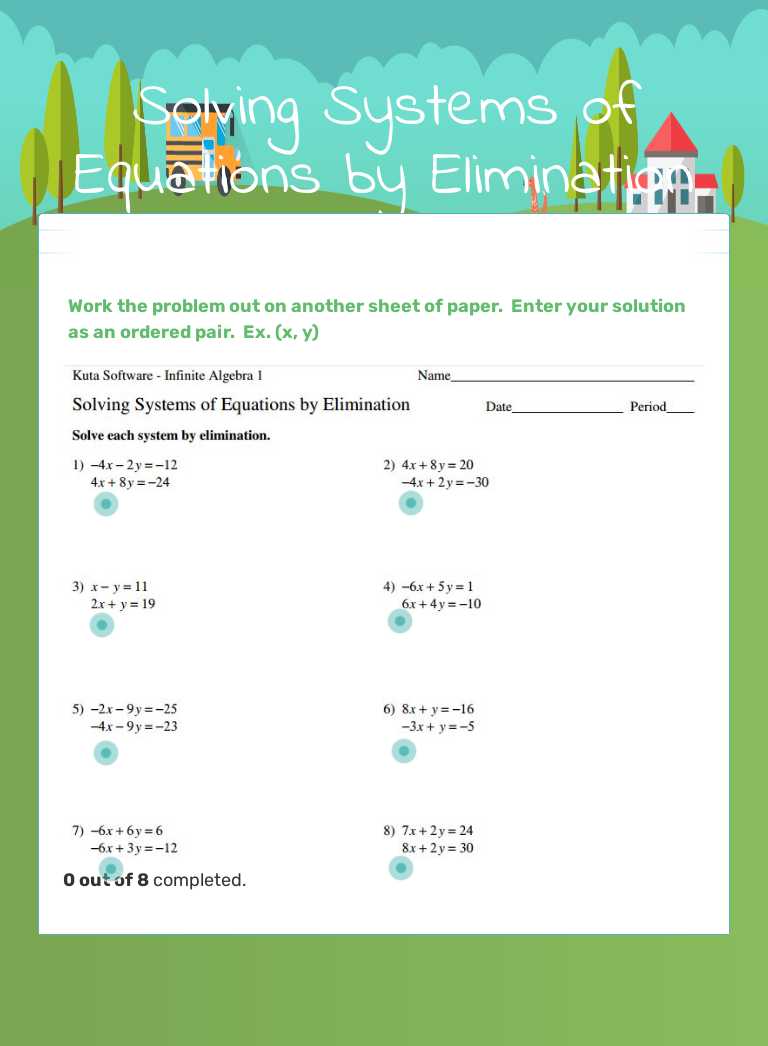 Solving Systems of Equations by Elimination worksheet preview image