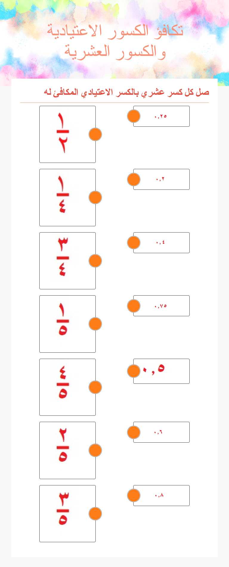 تكافؤ الكسور الاعتيادية والكسور العشرية worksheet preview image
