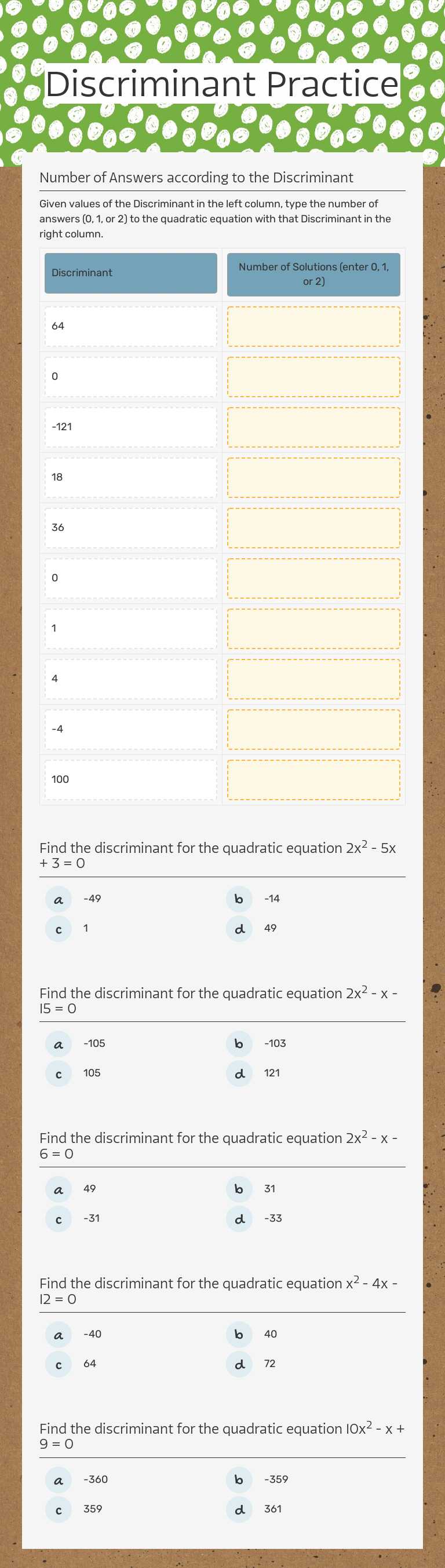 Discriminant Practice worksheet preview image