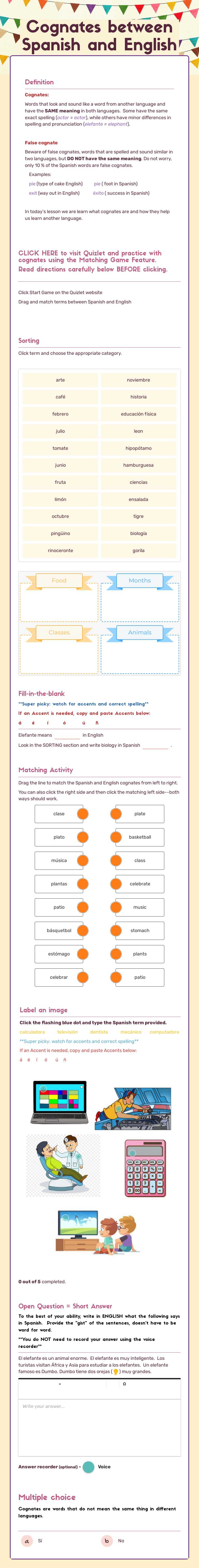 Cognates between Spanish and English Grade 10 worksheet preview