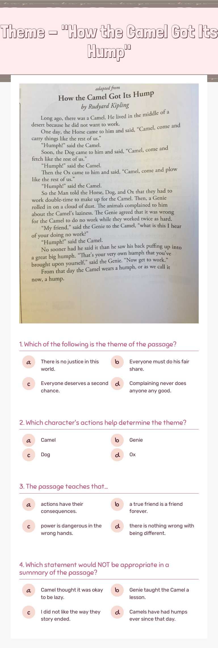 Theme - 
"How the Camel Got Its Hump" worksheet preview image