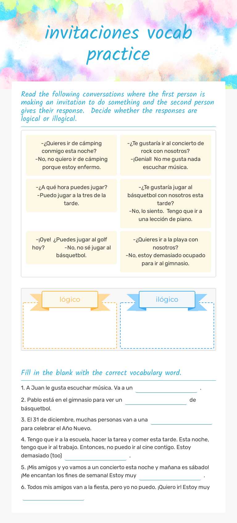 invitaciones vocab practice worksheet preview image
