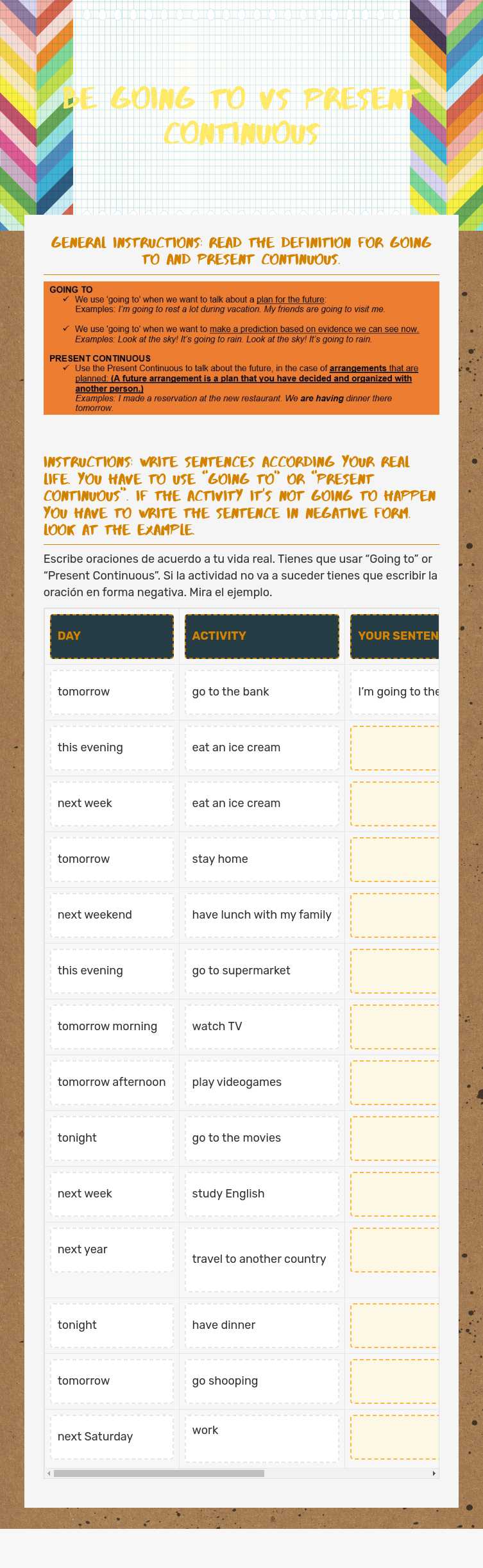 BE GOING TO VS PRESENT CONTINUOUS worksheet preview image