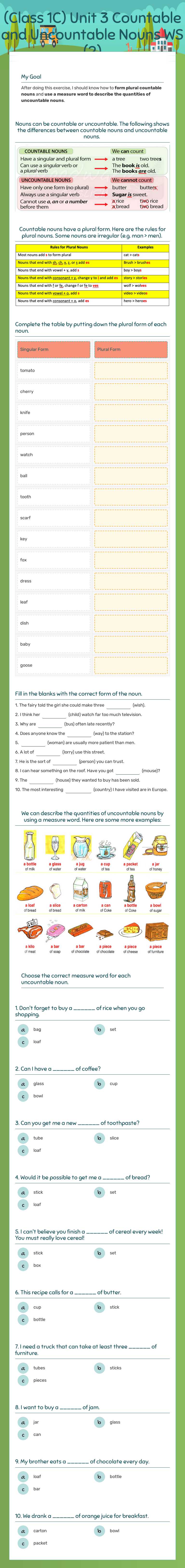 (Class 1C) Unit 3 Countable and Uncountable Nouns WS (2) Grade 7 worksheet preview