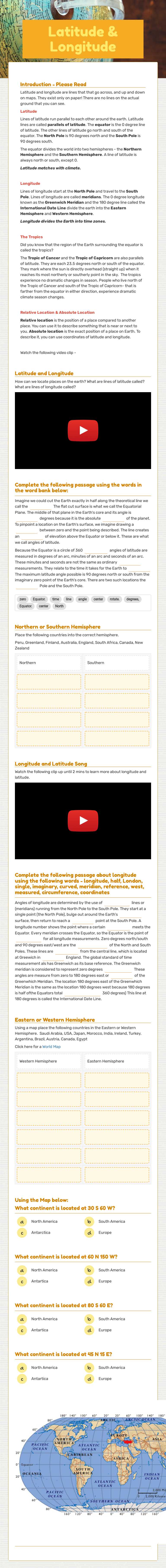 Latitude &  Longitude Grade 6 worksheet preview