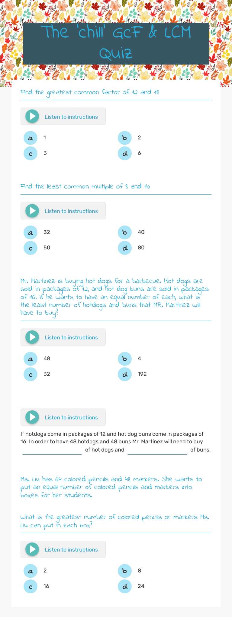 The 'chill' GcF & LCM Quiz Grade 6 worksheet preview