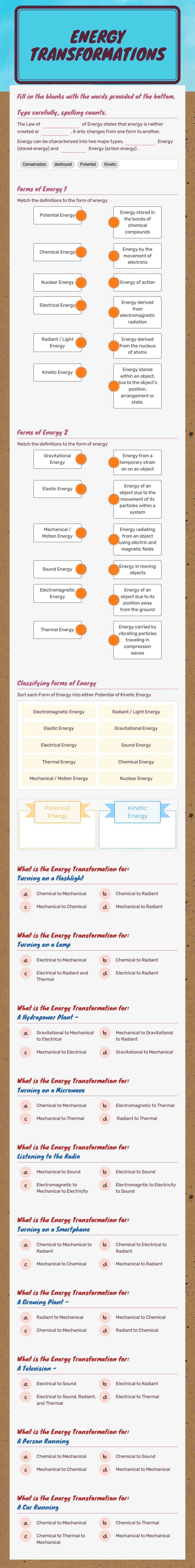 Energy Transformations worksheet preview image