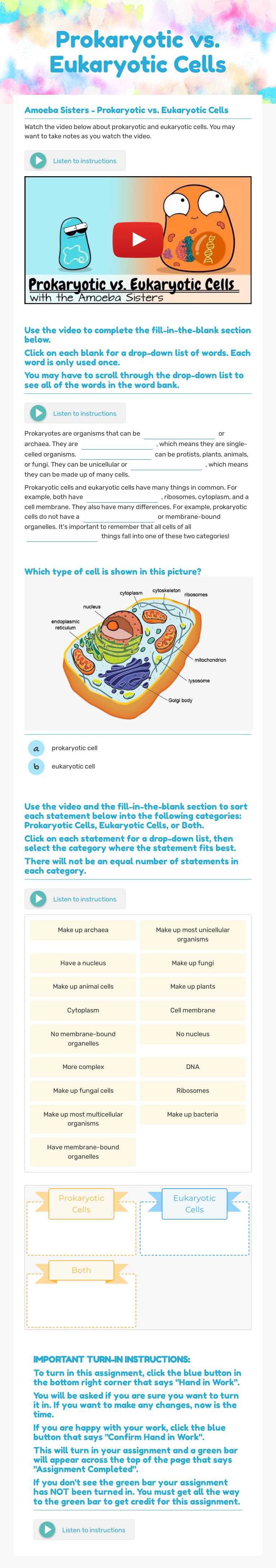 Prokaryotic vs. Eukaryotic Cells worksheet preview image
