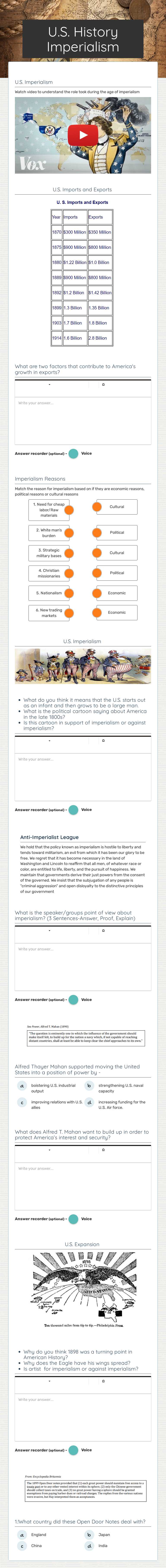 U.S. History Imperialism worksheet preview image