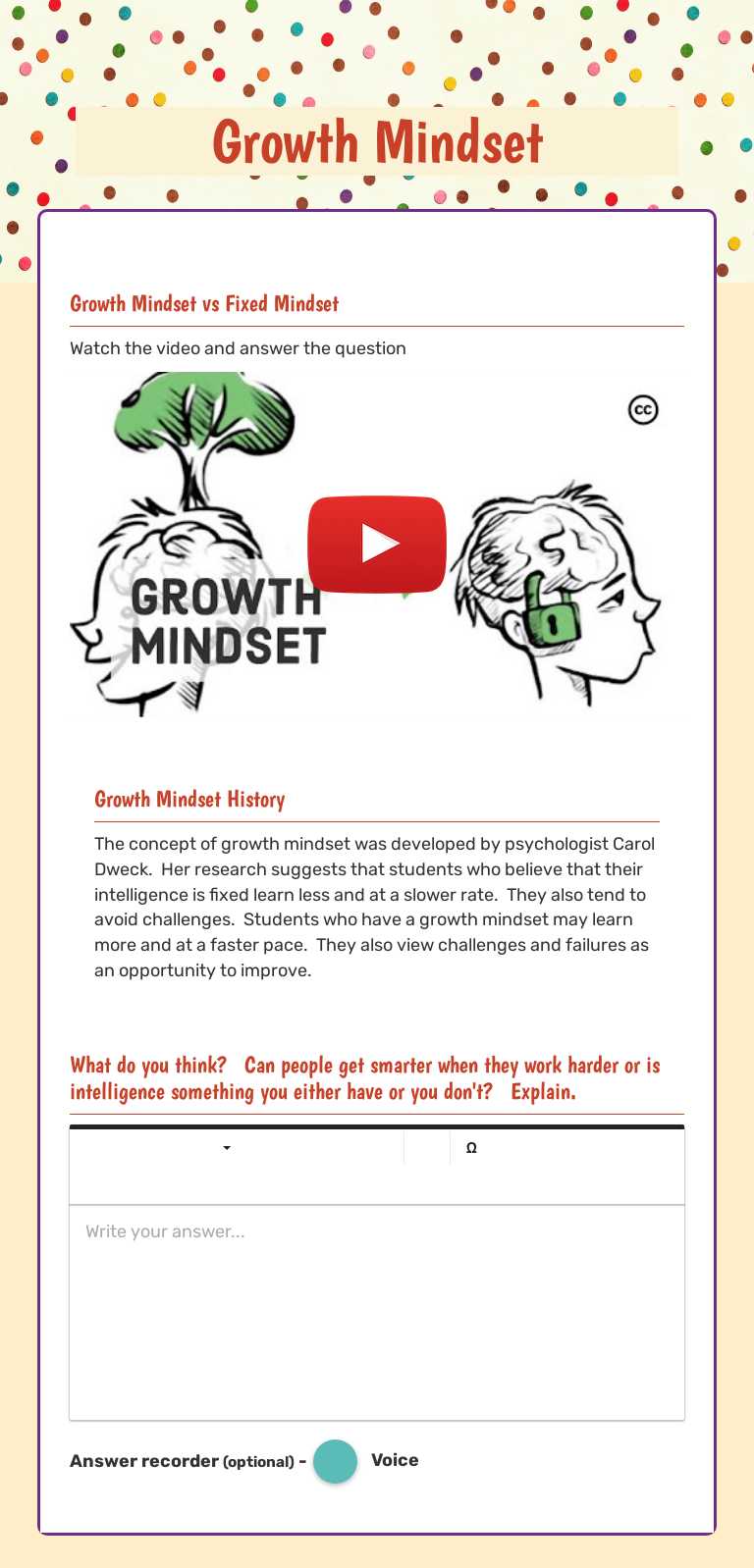 Growth Mindset worksheet preview