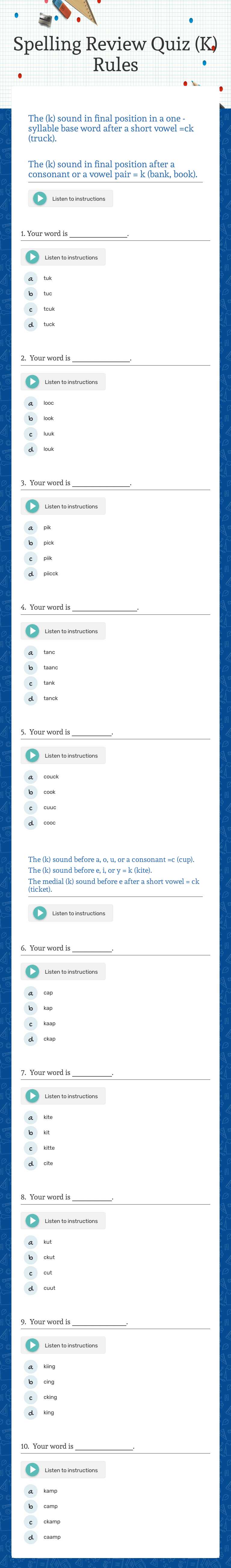 Spelling Review Quiz  (K) Rules Grade 4 worksheet preview