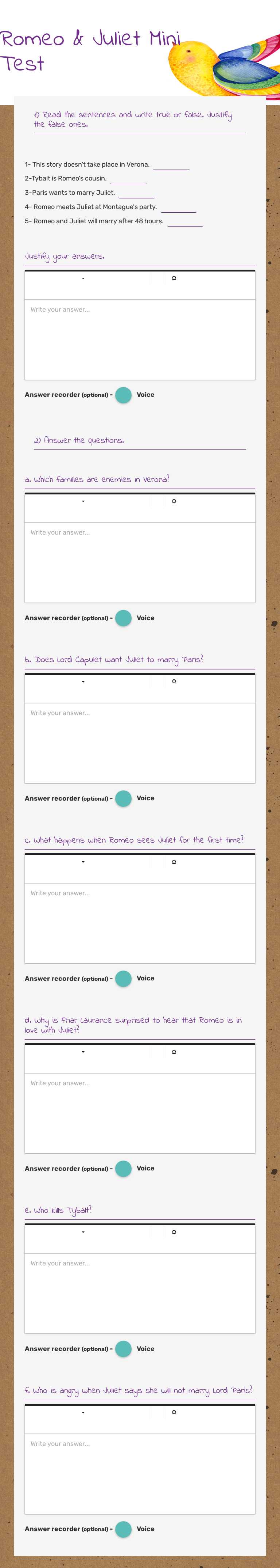 Romeo & Juliet Mini Test Other worksheet preview
