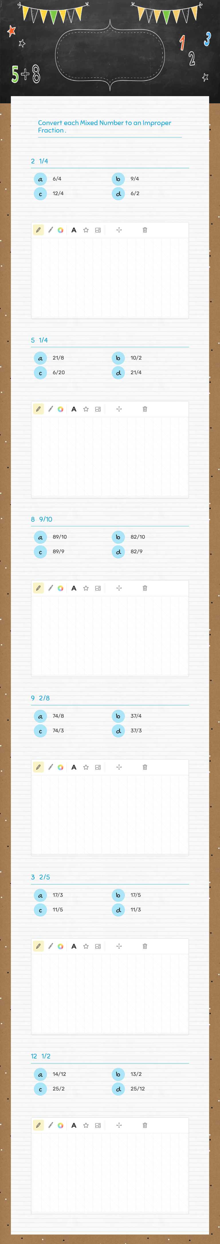 Mixed Numbers to Improper Fractions Grade 5 worksheet preview